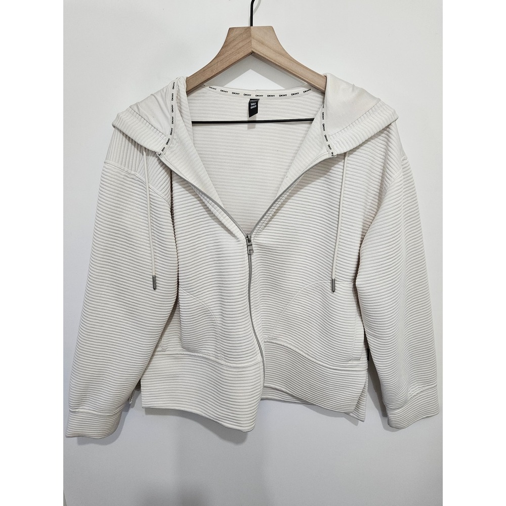 DKNY Sport Womens Ribbed Full Zip Hoodie Ivory Cream Sweatshirt Large L RN54163